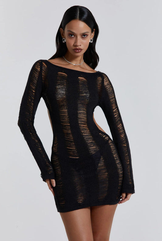 BLACK UMBRA SHREDDED MINI DRESS